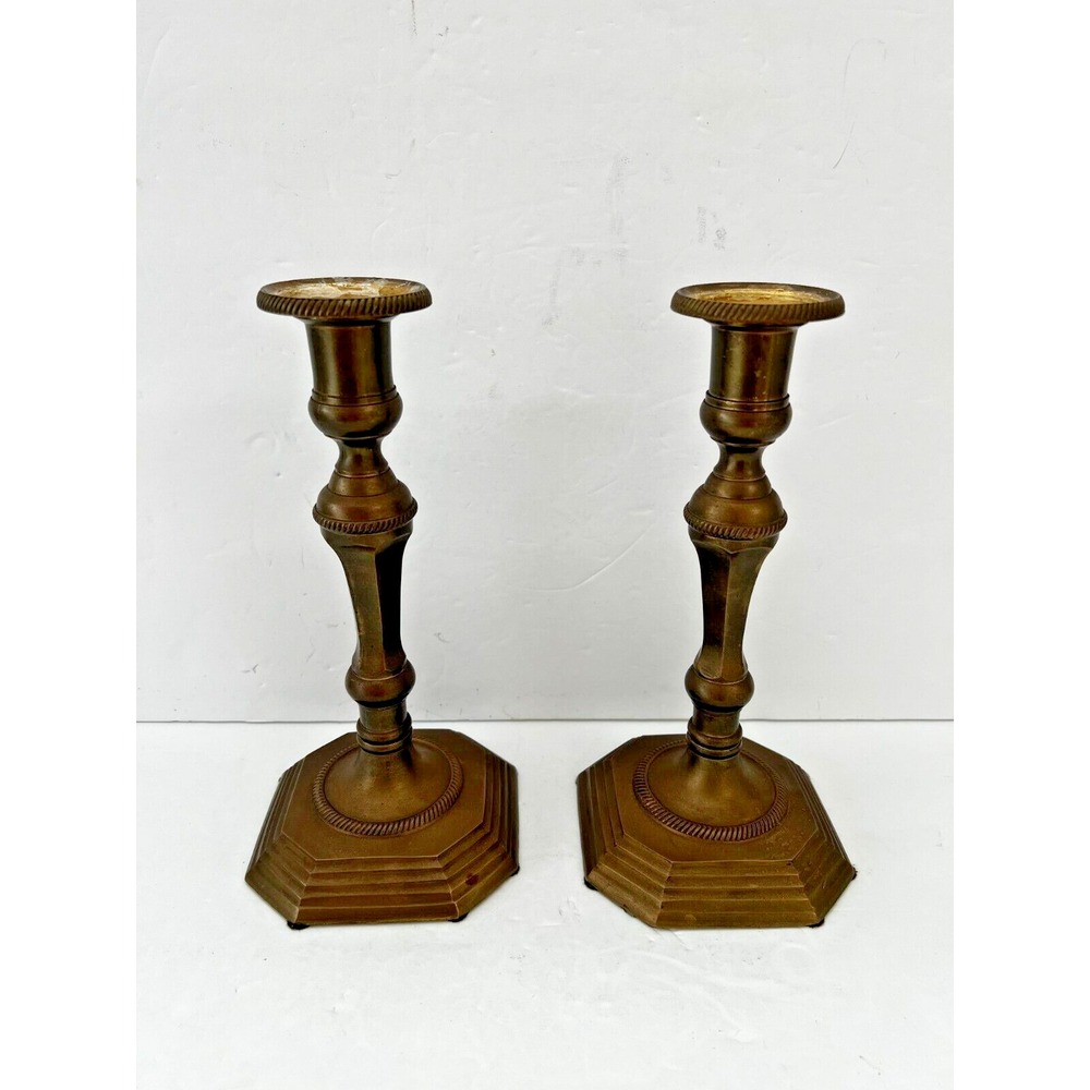 Vintage Pair Solid Brass Taper Candle Holder Candlesticks Square Base 7.5" - Picture 1 of 9